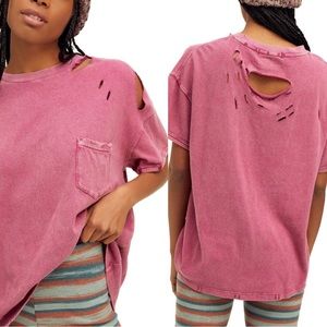 Free People Rubi Distressed Pink Oversized Tee Women’s Size Small